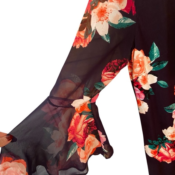 J.Howard Shift Dress Size 12 Black Floral Long Sheer Bell Sleeves Flowy Church - Picture 4 of 12